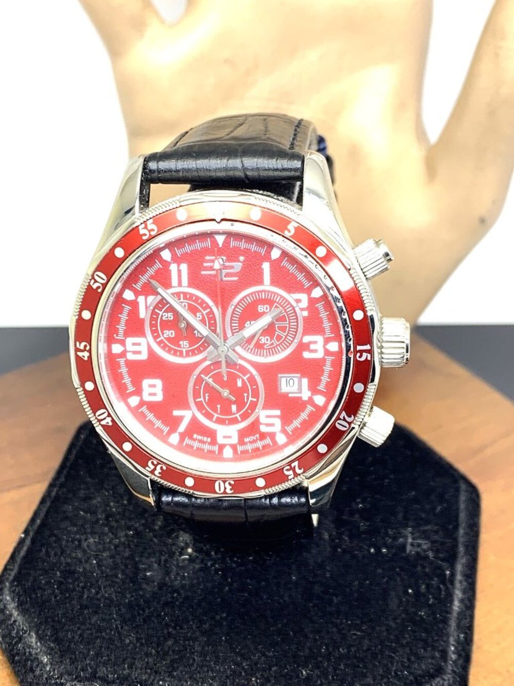 32 Degrees Men's Watch Swiss Quartz Chronograph Red Dial Black Leather Band 43mm